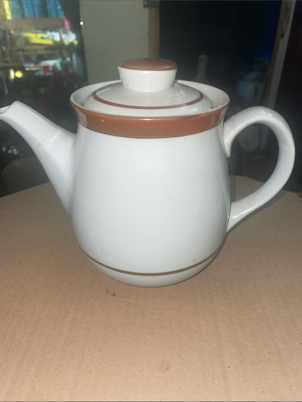White Ceramic Teapot with Brown Trim